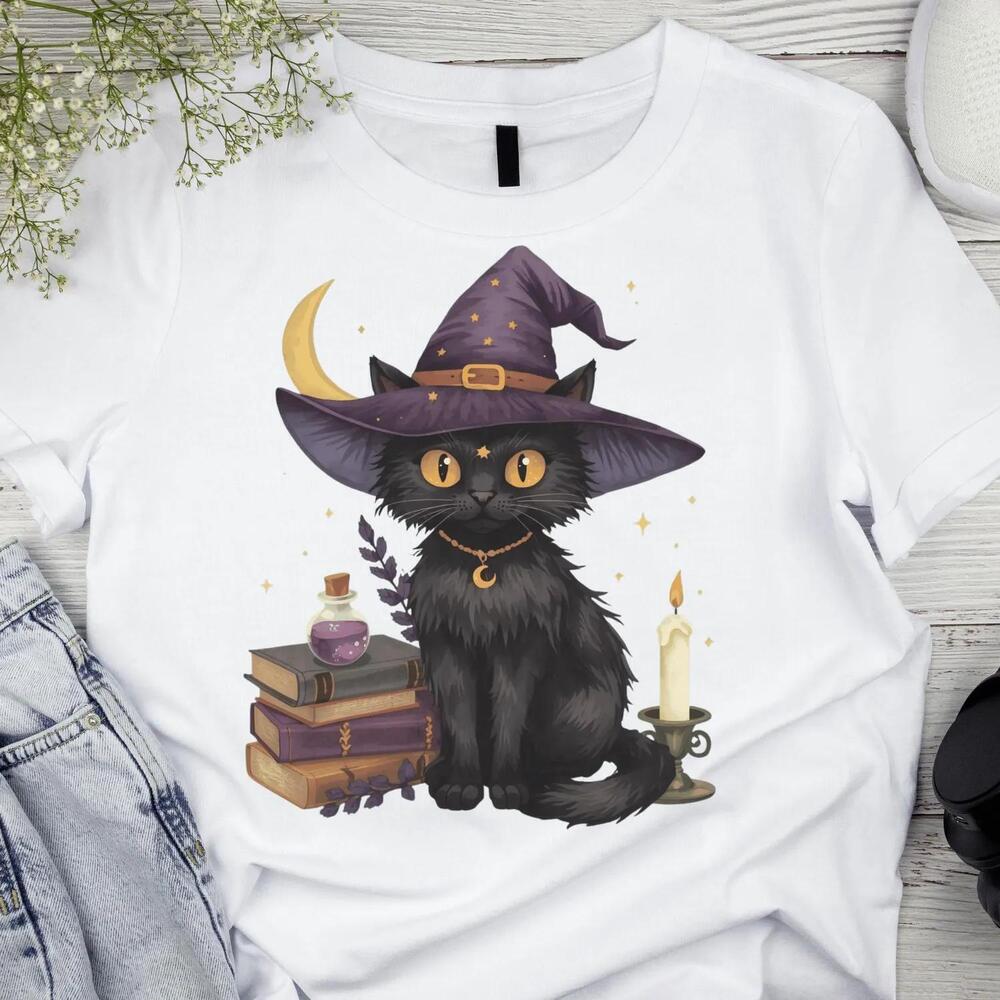 Black Cat Witch Shirt, Witchy Cat Halloween T-Shirt, Bookish Halloween